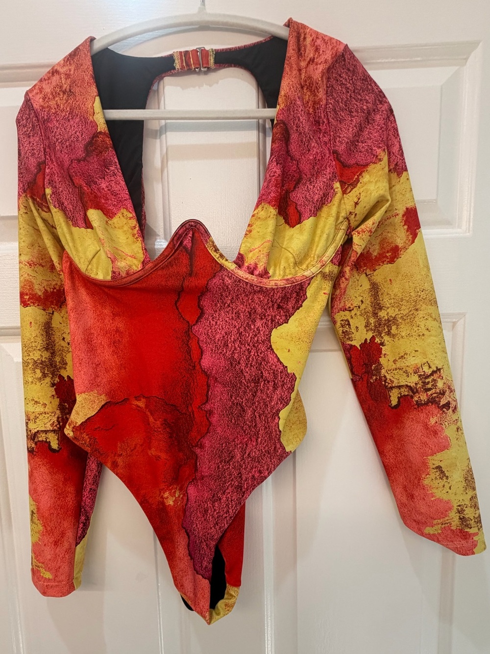 Andrea Iyamah Red, Yellow & Pink Abstract Long-Sleeve One-Piece Swimsuit